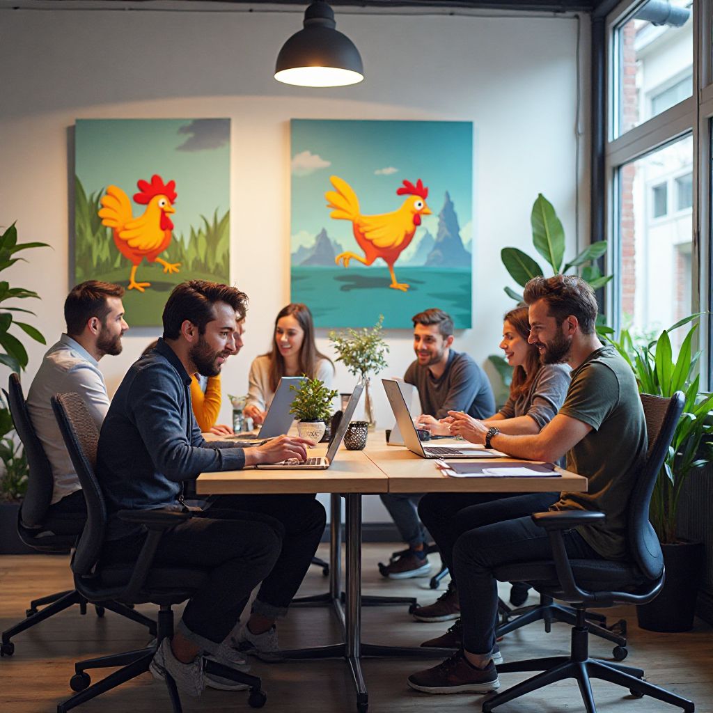 Urban Chicken Runner game development team in their office